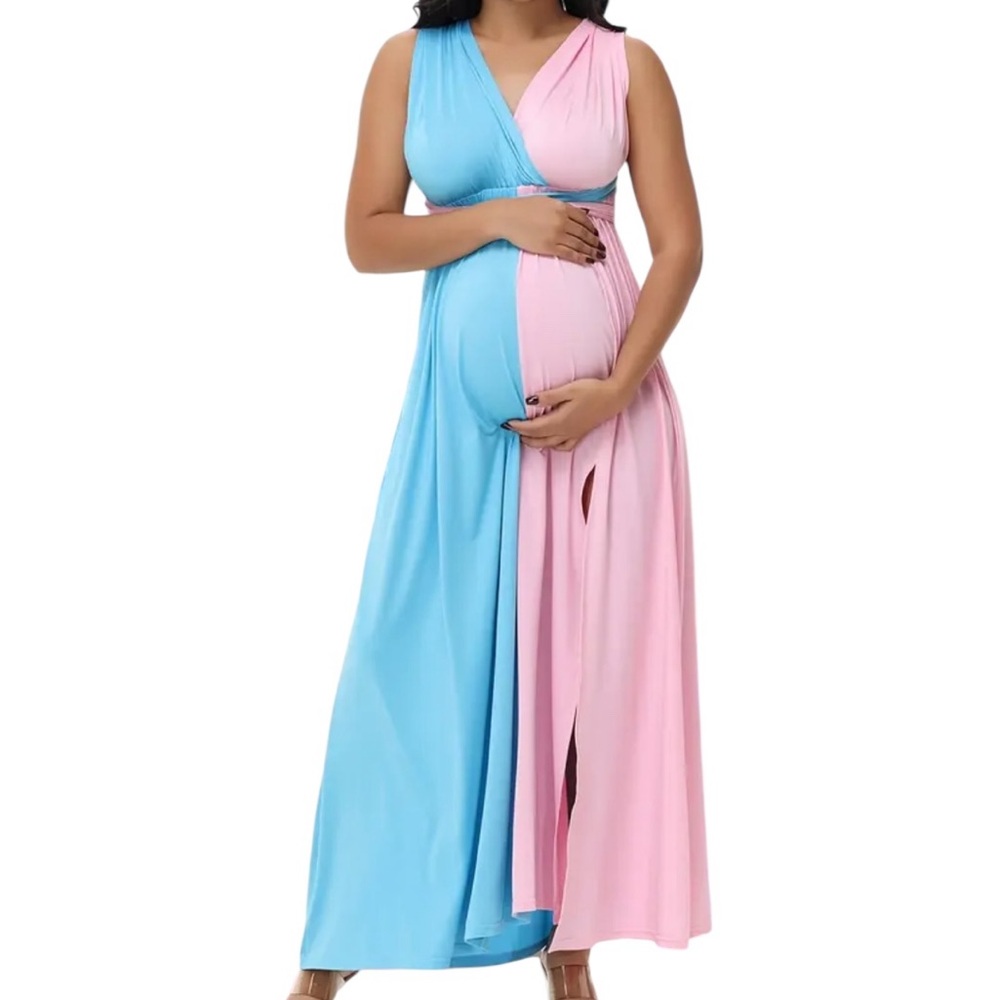 Elegant Maternity Dress in Blue and Pink perfect for Baby Gender Reveals!